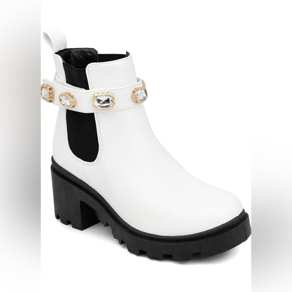 Sugar White Ankle Combat Boots with Velcro Jeweled Strap Women’s US Size 6.5